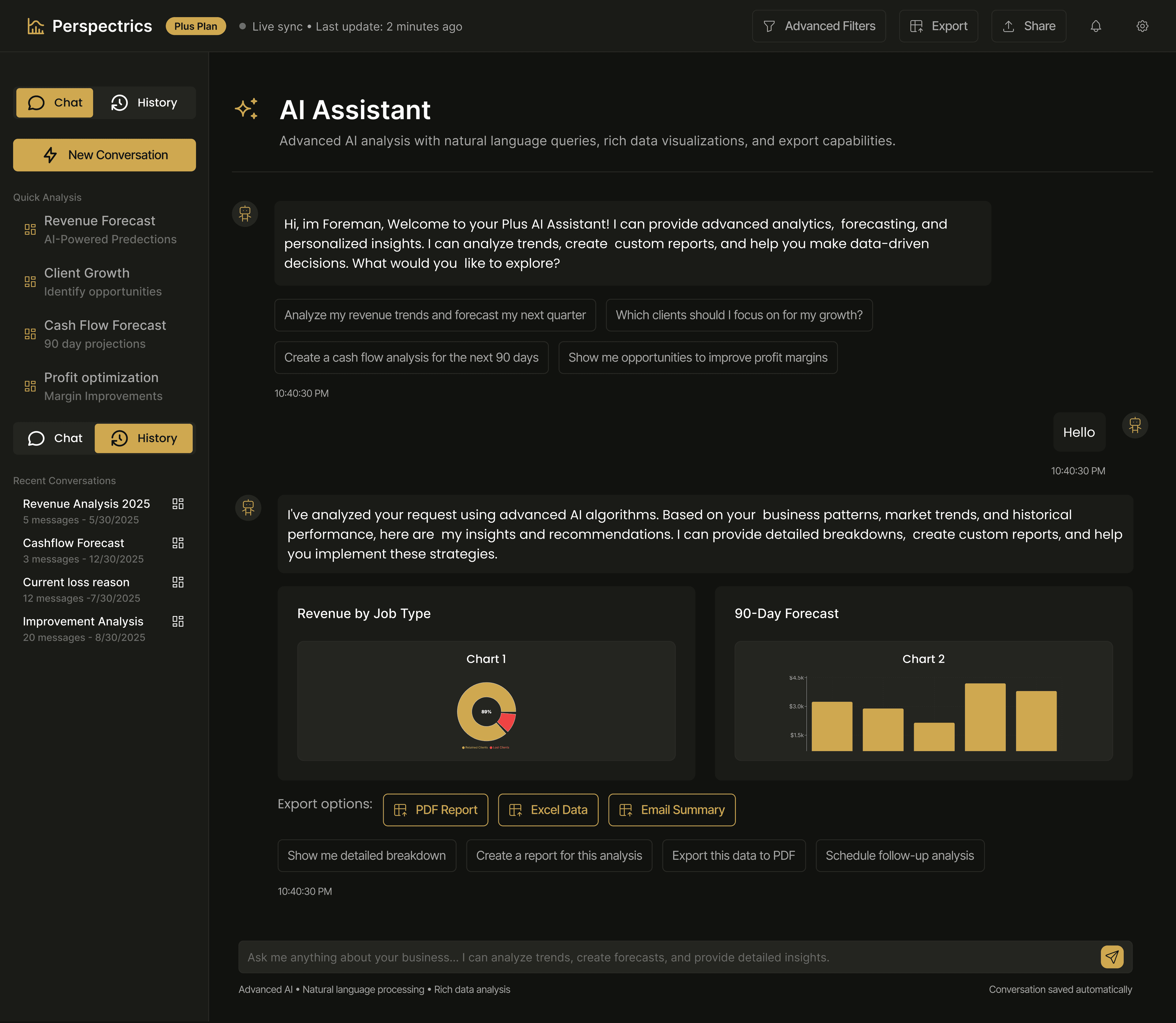AI assistant chat preview with charts and tables